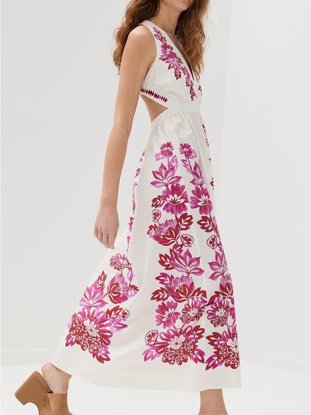 FARM Rio White Maxi Dress with Pink & Red Floral